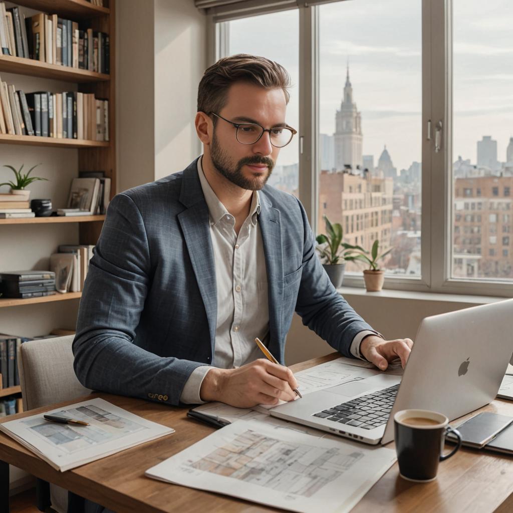 Focused Man in Business Attire Working on Laptop with Cityscape