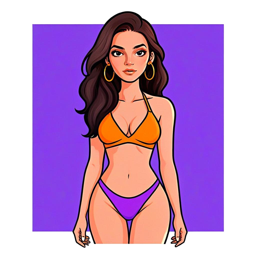 Stylized Woman in Neon Orange Halter Neck Bikini with Purple Bottoms Digital Illustration