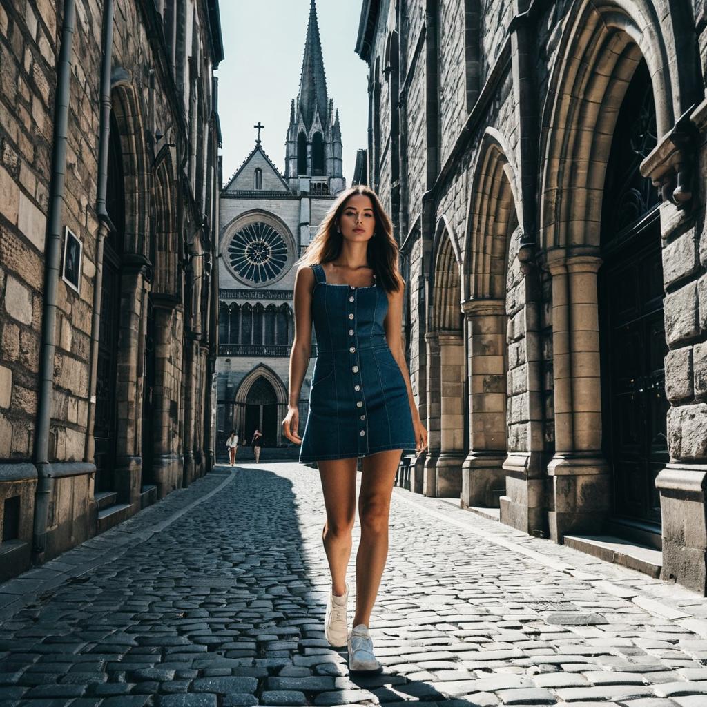 Young Woman Walking on Cobblestone Street by Gothic Cathedral