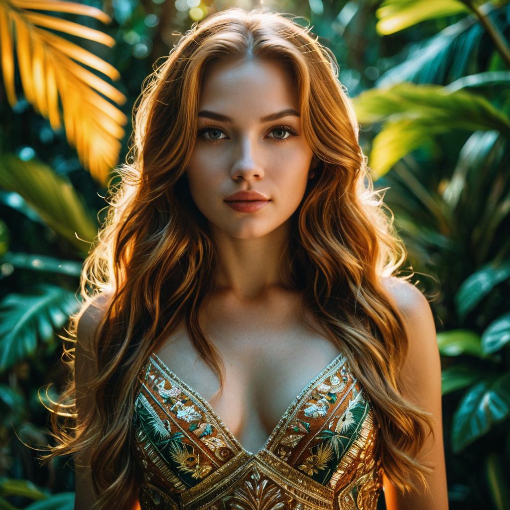 Portrait of Woman in Embroidered Dress with Tropical Foliage Background