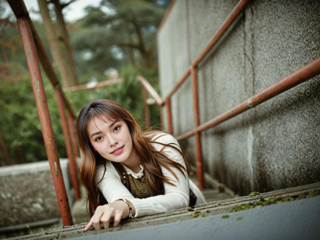 Young Woman Climbing Staircase Surrounded by Greenery