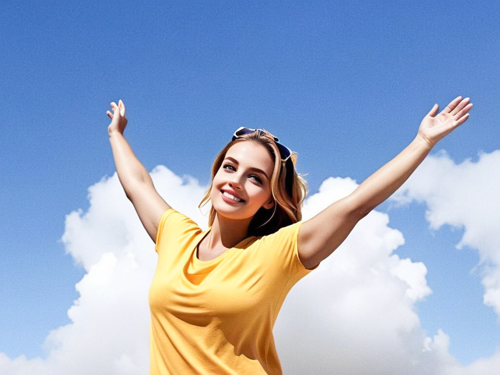 Joyful Woman Celebrating Under Blue Sky