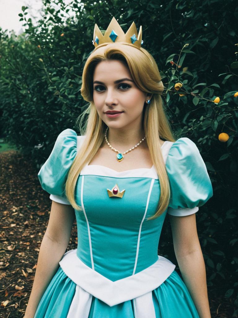 Princess Rosalina Costume - Woman in Detailed Light Blue Dress and Crown