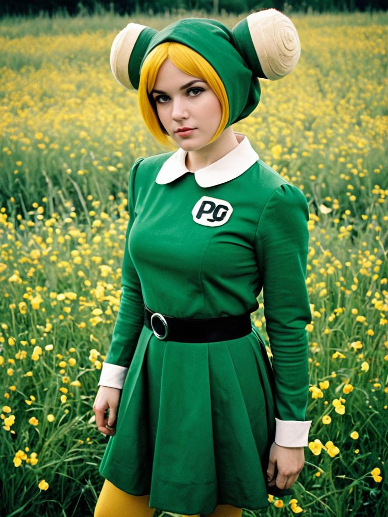 Woman in Realistic Buttercup Powerpuff Girls Cosplay Costume Outdoors