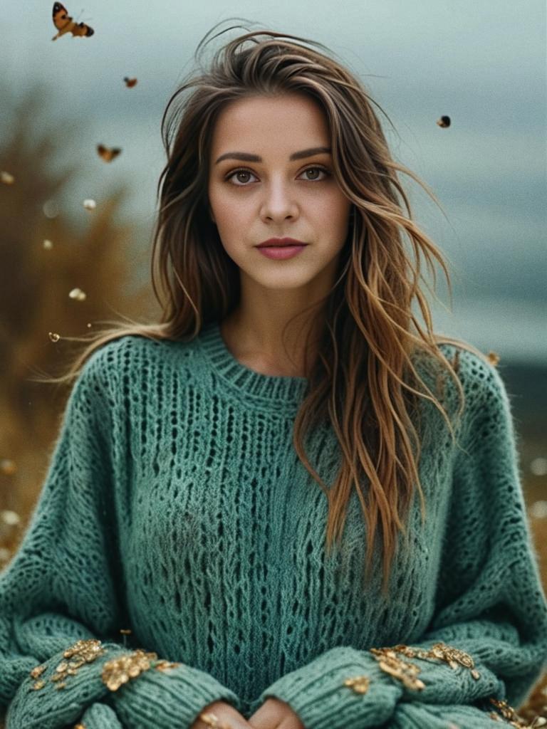 Serene Woman in Knitted Green Sweater with Butterflies