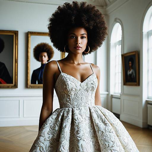 Elegant Woman in Embroidered White Dress with Afro Hairstyle in Gallery