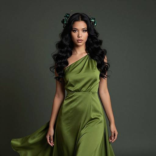 Elegant Woman in Olive Green Satin Dress with Floral Hair Accessories