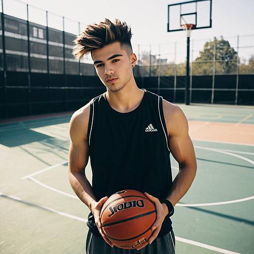 Young Man Holding Basketball on Outdoor Court in Black Sportswear