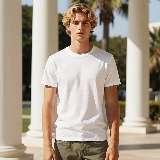 Young Man Modeling Plain White T-Shirt Outdoors with Classical Architecture