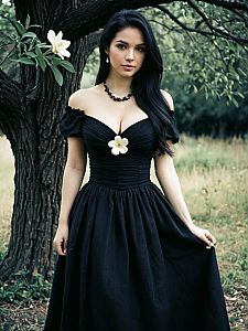 Elegant Woman in Black Off-Shoulder Dress Posing Outdoors by Tree