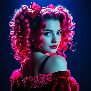 Woman with Pink Curly Hair in Red Velvet Dress