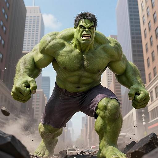 Green Muscular Man Rampaging Through City Street Causing Destruction