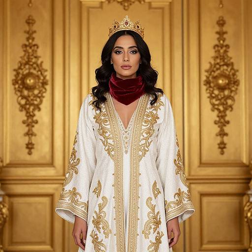 Elegant Woman in Golden Embroidered Robe and Crown with Red Velvet Scarf