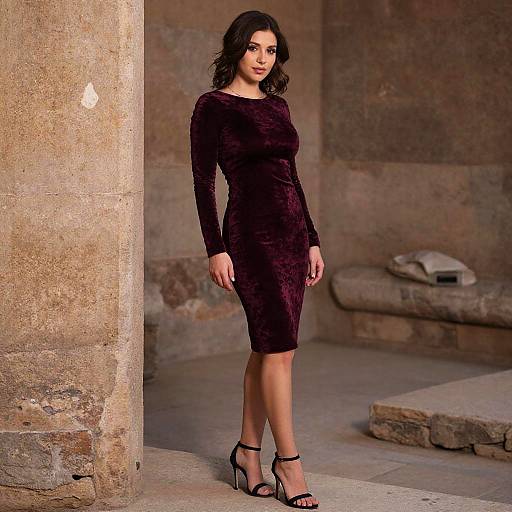 Elegant Woman in Burgundy Velvet Knee-Length Dress with Long Sleeves