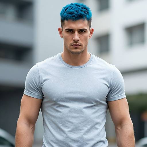 Portrait of Young Man with Blue Hair in Urban Setting