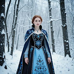 Woman in Blue Embroidered Costume in Snowy Forest