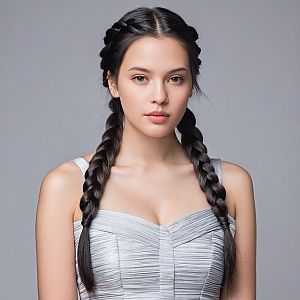 Young Woman in Gray Dress with Braids