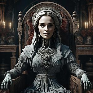 Regal Woman in Gothic Gown on Throne