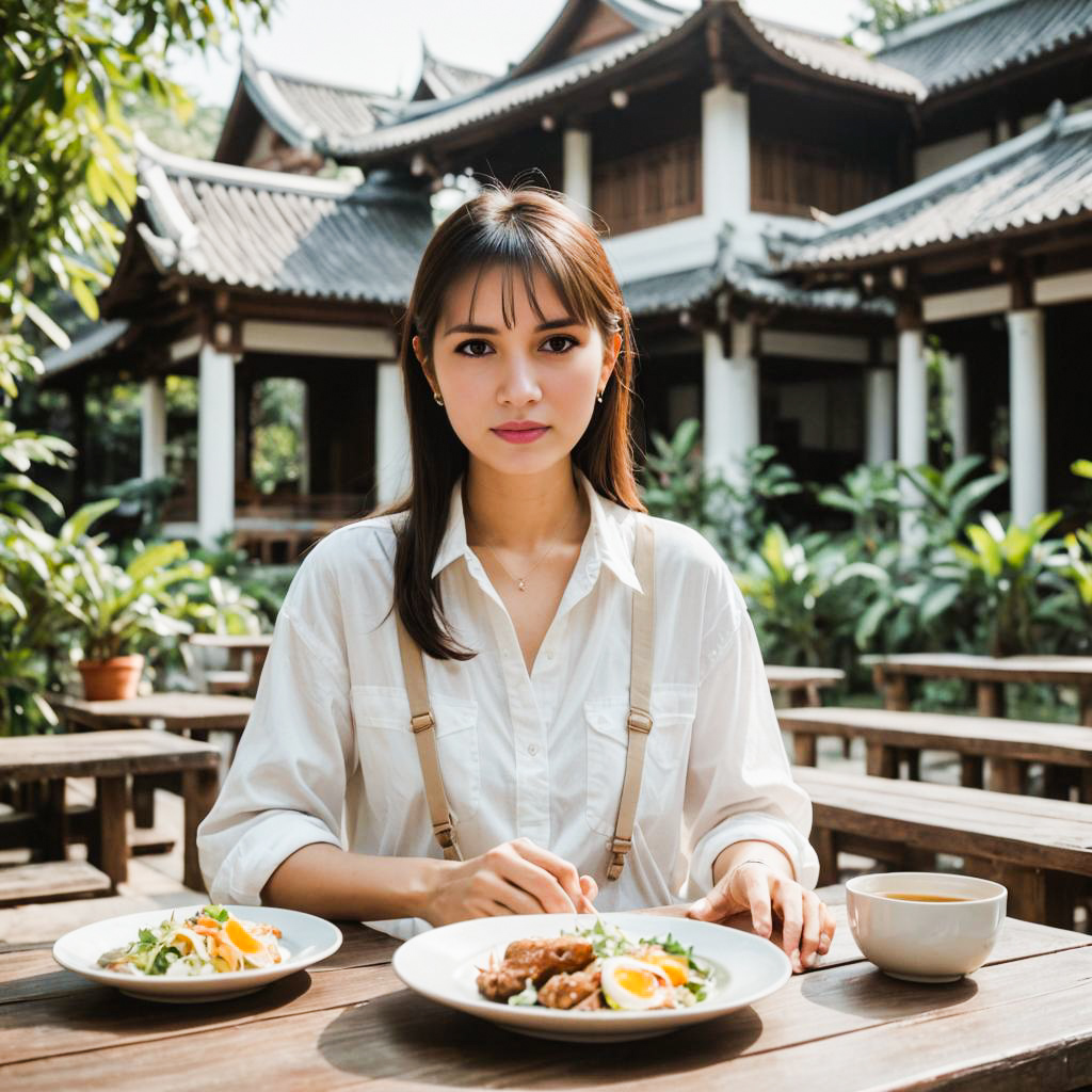 Woman Dining in Asian Courtyard