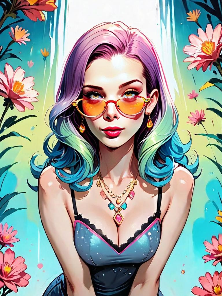 Stylish Woman with Pastel Ombre Hair in Lace-Up Bodycon Dress Digital Illustration