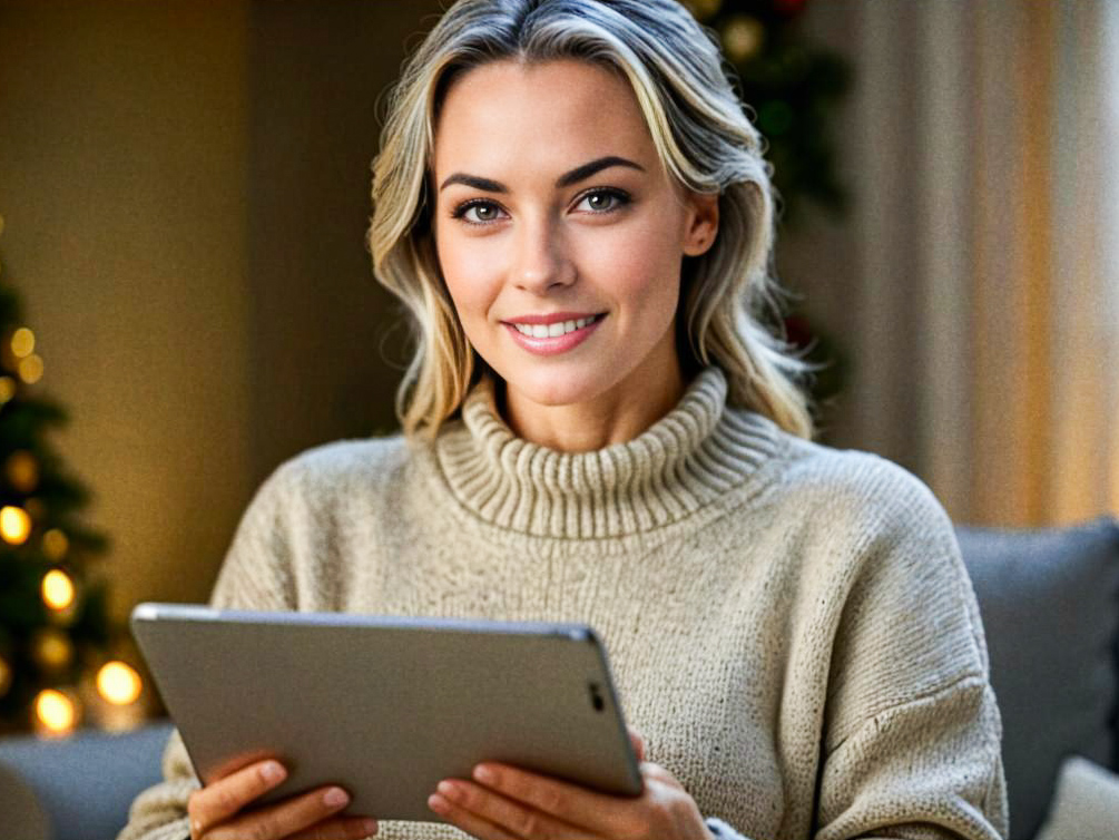 Smiling Woman with Tablet in Cozy Winter Setting