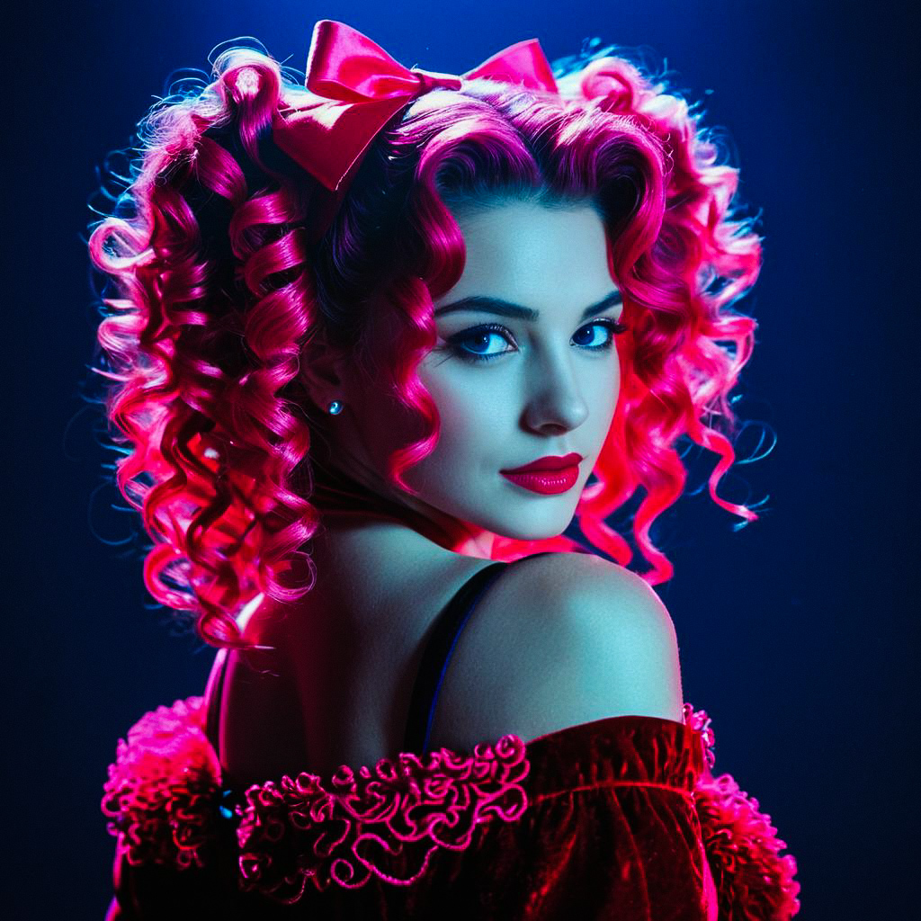 Woman with Pink Curly Hair in Red Velvet Dress Woman with Pink Curly Hair in Red Velvet Dress