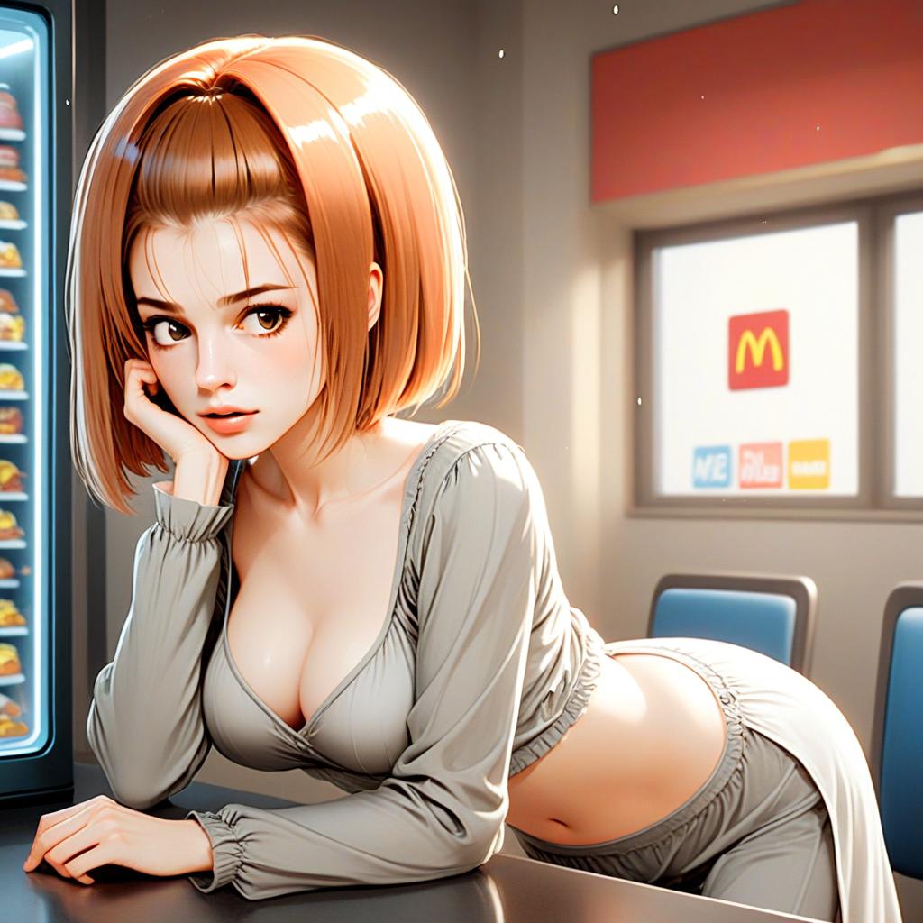 Anime Style Young Woman Leaning on Counter in McDonald's Inspired Setting