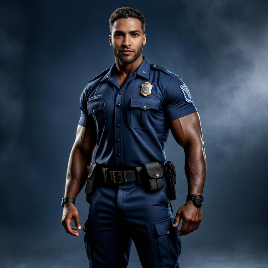 Confident Muscular Police Officer in Uniform