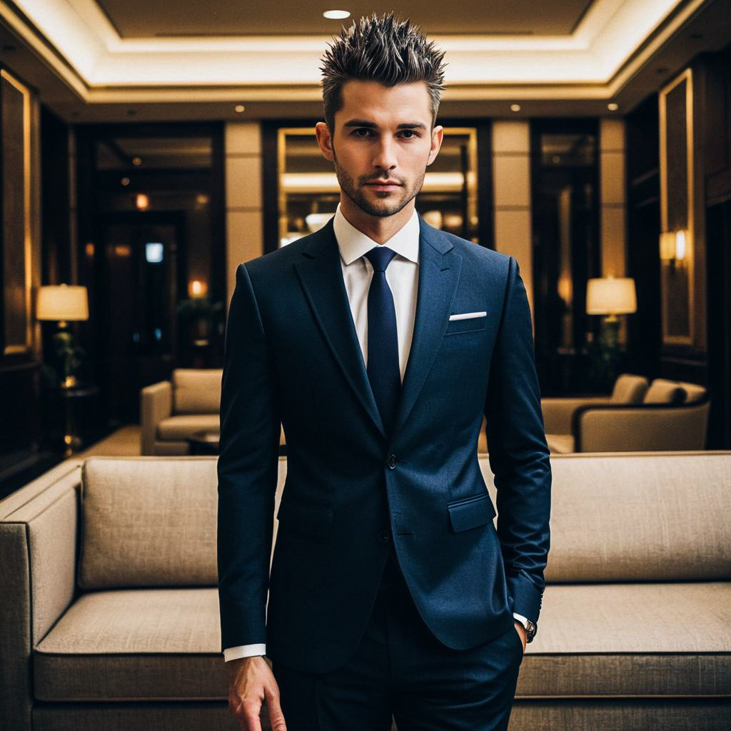 Confident Man in Navy Suit at Luxurious Lounge