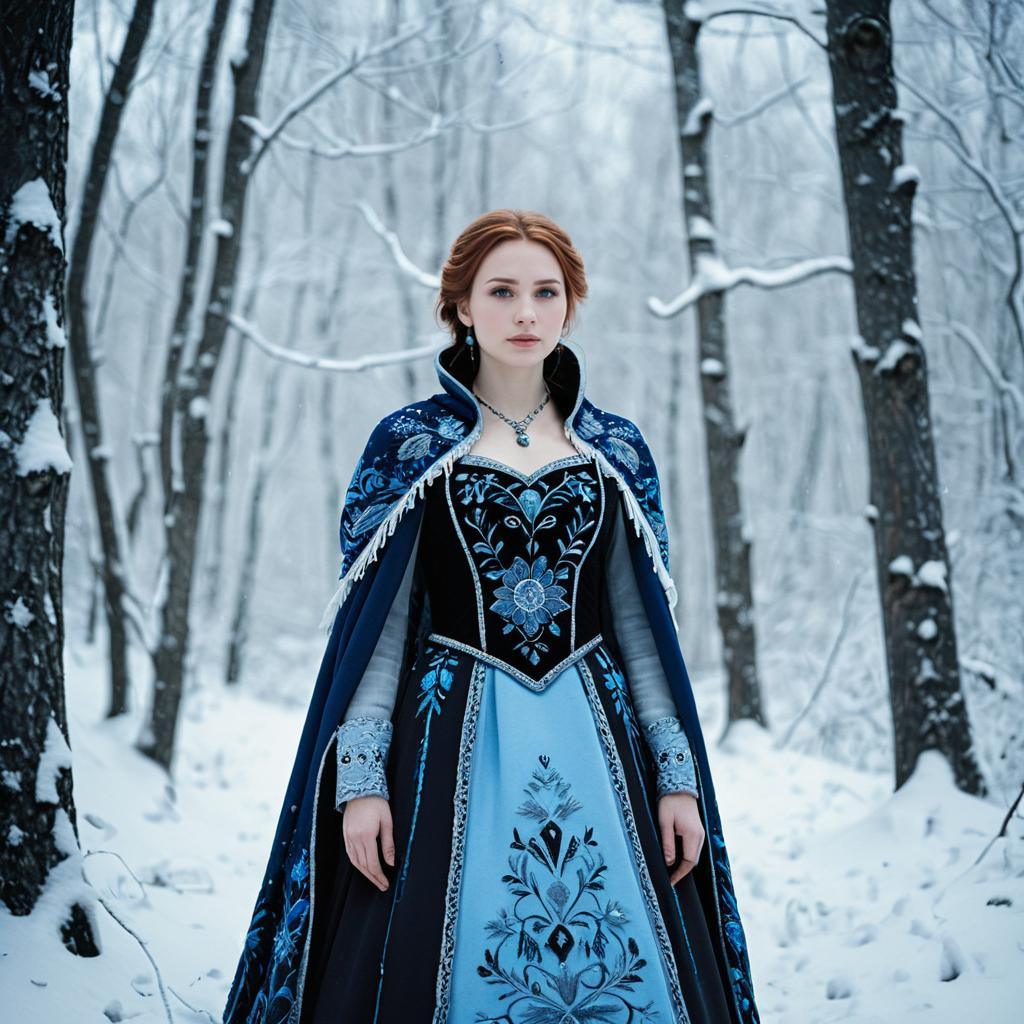 Woman in Blue Embroidered Costume in Snowy Forest Woman in Blue Embroidered Costume in Snowy Forest