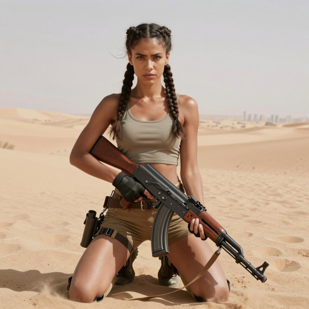 Young Woman in Tactical Gear Holding Rifle in Desert
