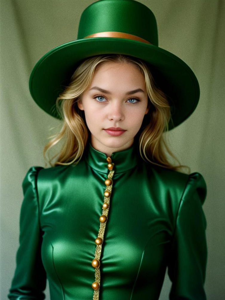 Elegant Woman in Green Outfit and Hat