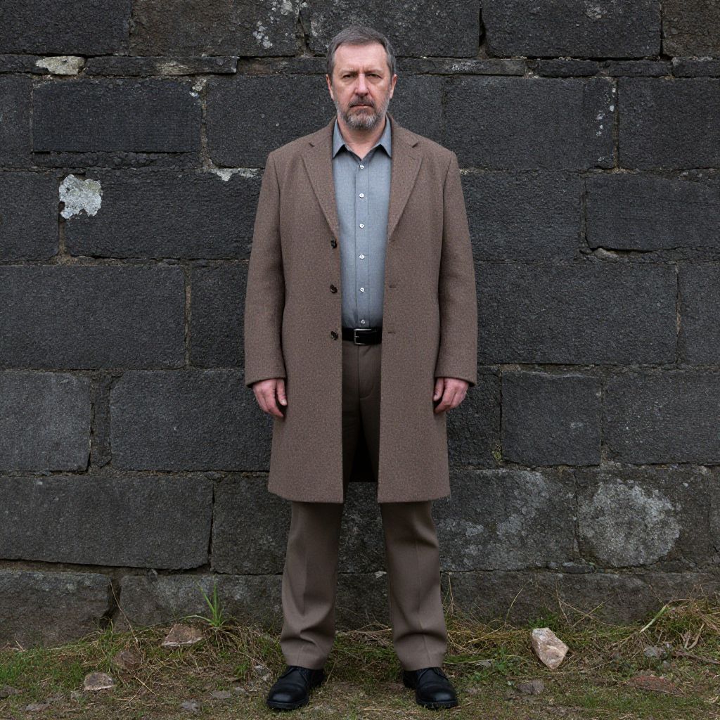 Middle-aged Man in Brown Overcoat Standing Against Stone Wall