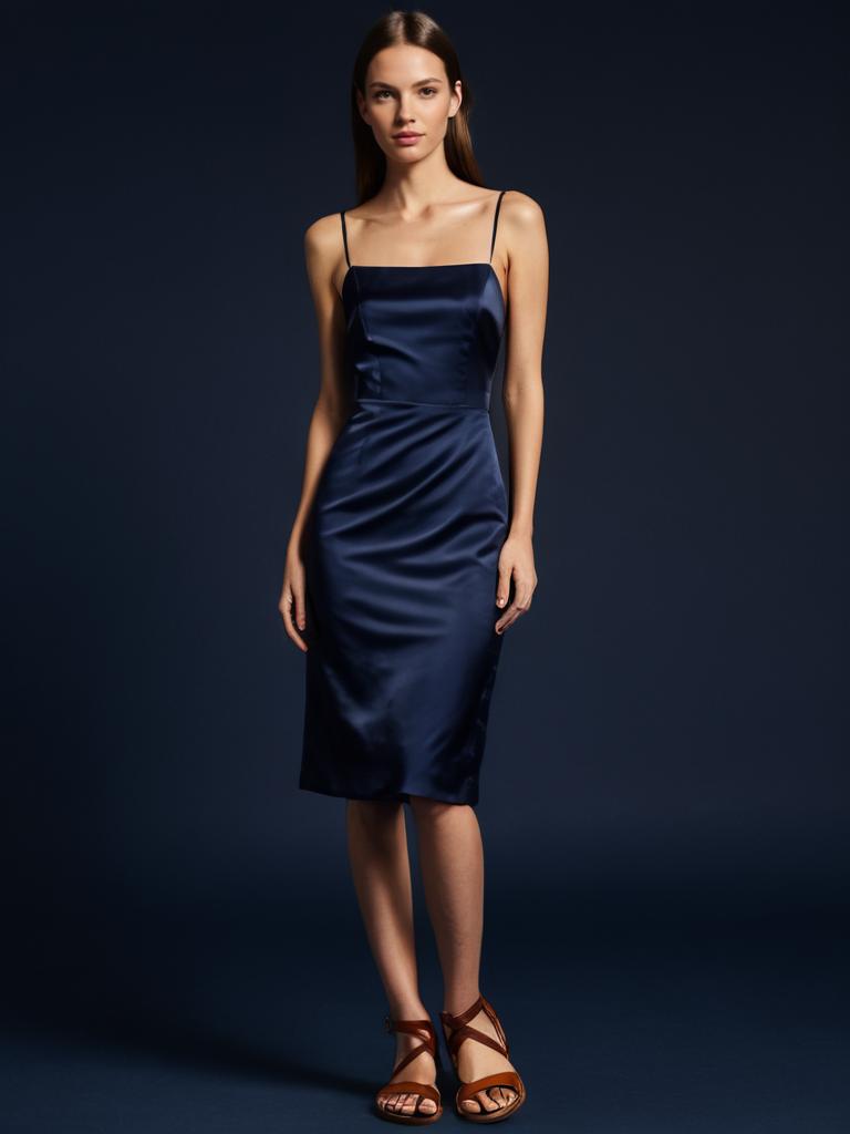 Elegant Navy Blue Satin Spaghetti Strap Dress on Woman in Studio