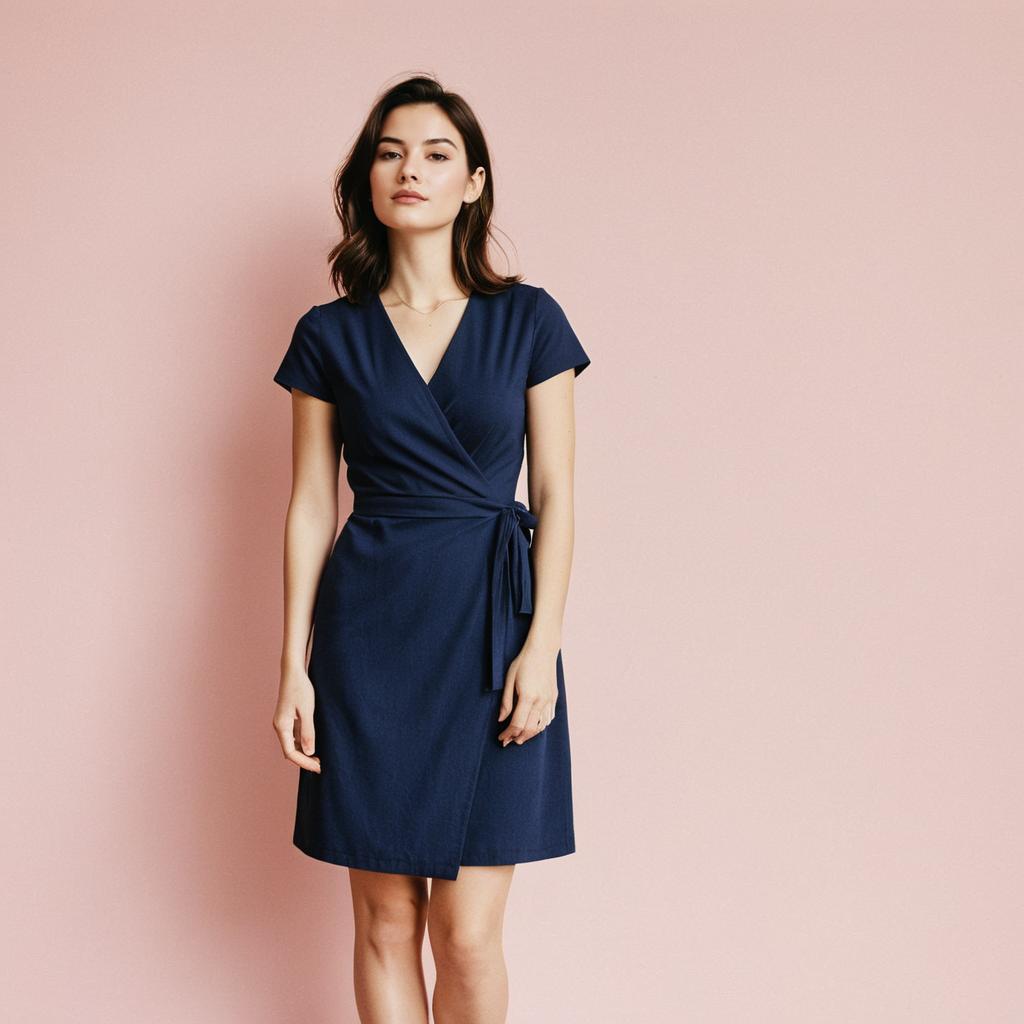 Woman Wearing Navy Blue Wrap Dress Against Pink Background
