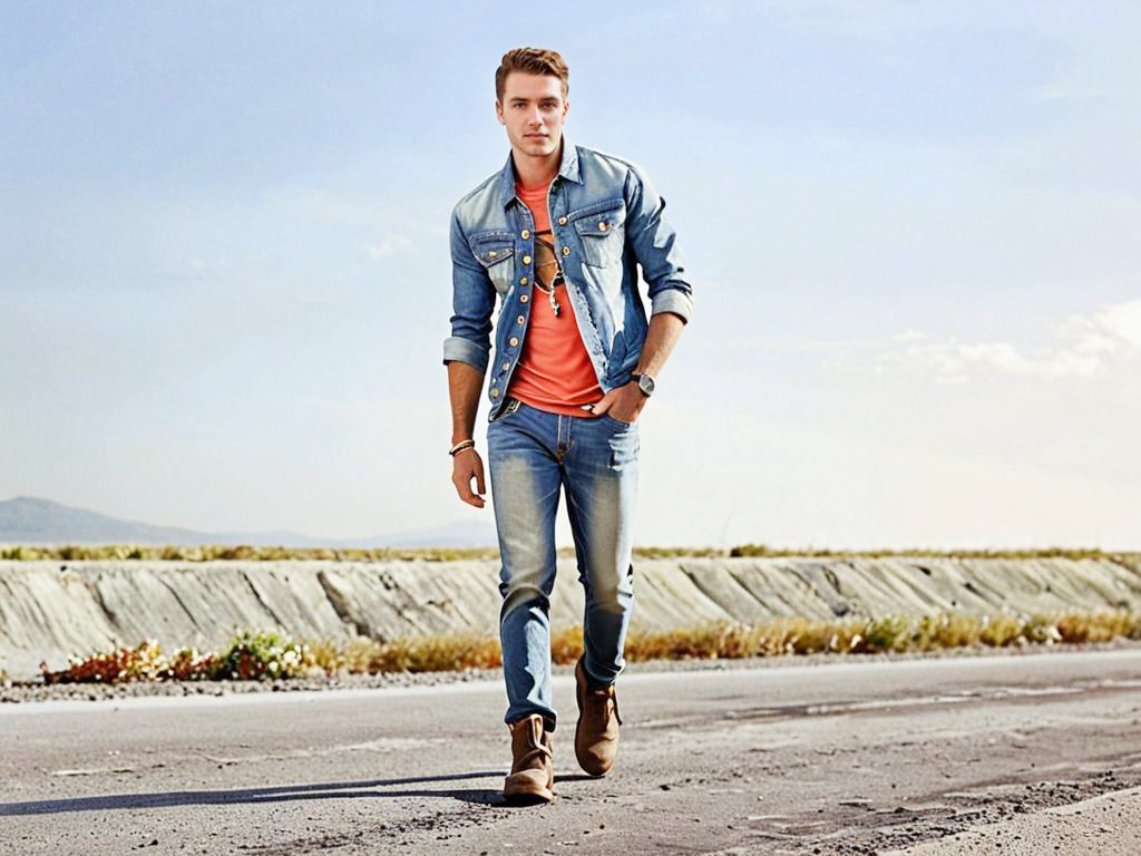 Stylish Man in Denim Jacket on Scenic Path