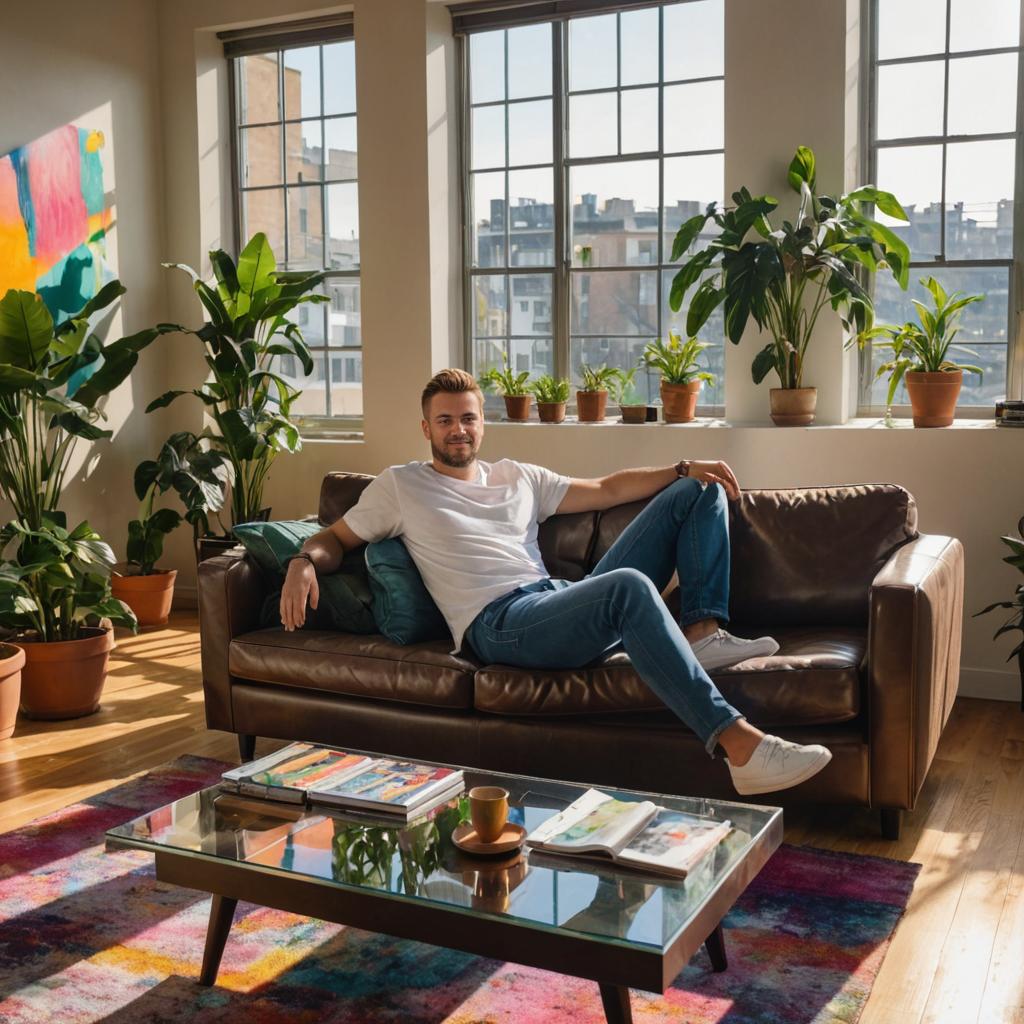 Relaxed Man on Leather Sofa with Houseplants