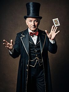 Photorealistic Portrait of Man in Classic Magician Costume with Card Trick