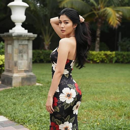 Elegant Woman in Floral Dress Posing in Garden
