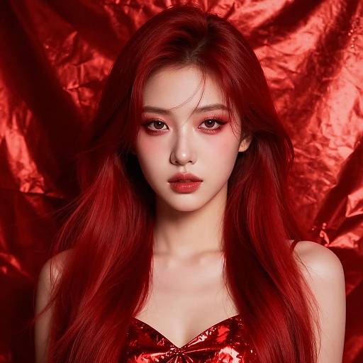 Vibrant Red-Haired Woman Fashion Portrait on Glossy Red Background