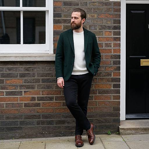 Man in Dark Green Blazer and White Sweater Leaning on Brick Wall