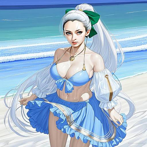 Anime Woman in Blue Swimsuit Inspired by Fate Series at Beach