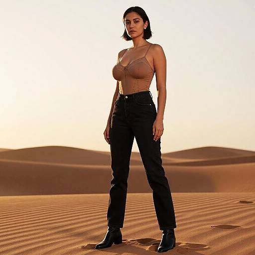 Woman in Sheer Brown Lace Camisole and Black Jeans Standing in Desert