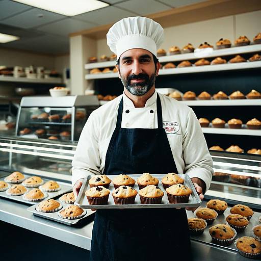 Muffin Man Baker Holding Tray of Freshly Baked Muffins in Bakery