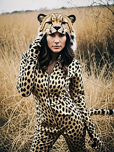 Woman in Realistic Cheetah Costume Cosplay in Nature