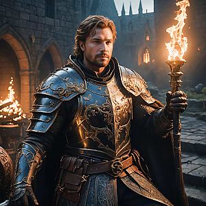 Medieval Armor Man with Torch in Castle