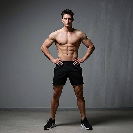 Muscular Young Man Showing Fit Physique in Black Shorts