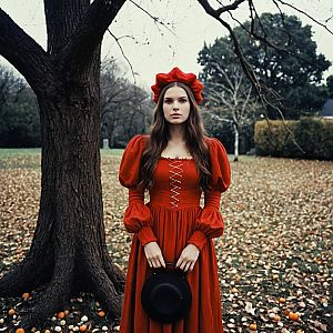 Woman in Vintage Red Dress in Autumn Park