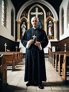 Man in Catholic Priest Costume Full Body Cosplay Photo in Church Interior