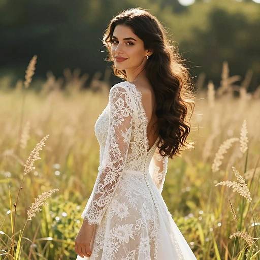 Elegant Woman in Floral Lace Wedding Dress in Sunlit Field
